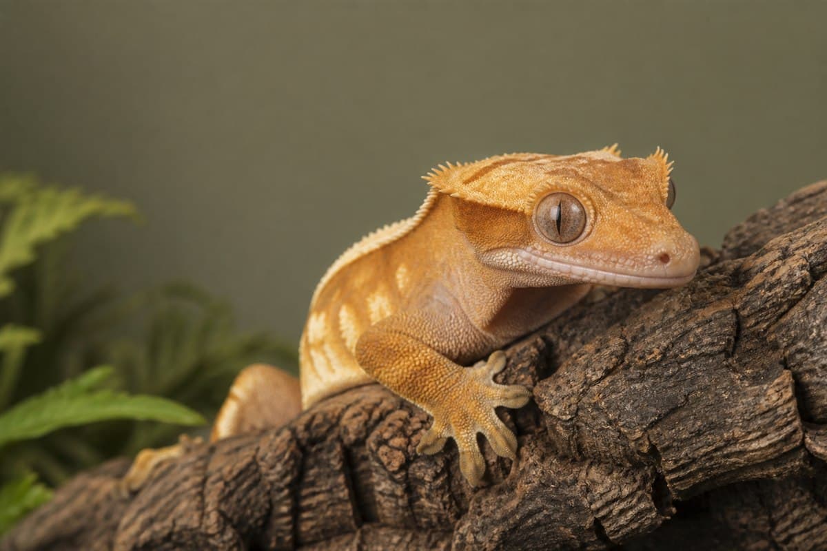 Orange and cream crested gecko resting on cork bark